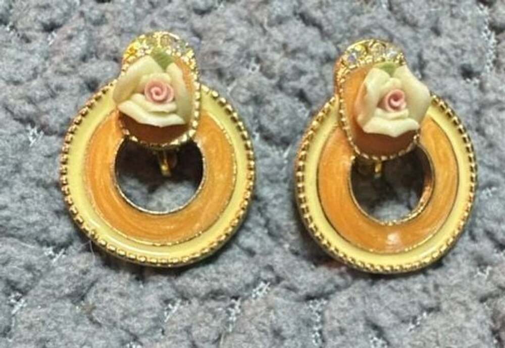Vintage Gold Tone Clip Earrings With Porcelain Rose Accent